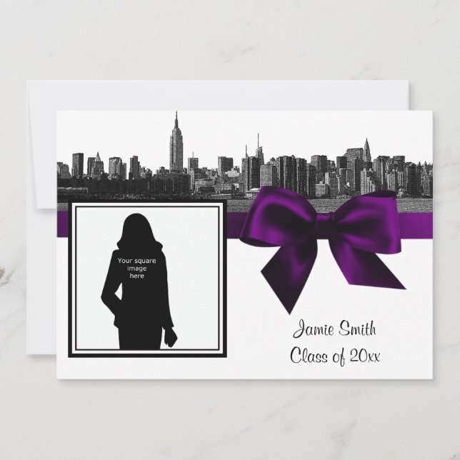 Invitation NYC large Skyline Etched BW Purple Photo Graduatio (Devant)