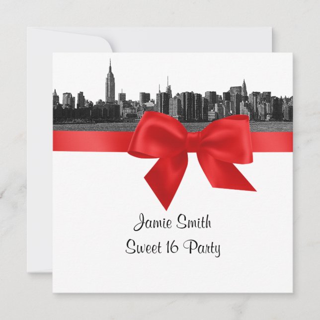 Invitation NYC large Skyline Etched BW Red Sweet sixteen SQ (Devant)