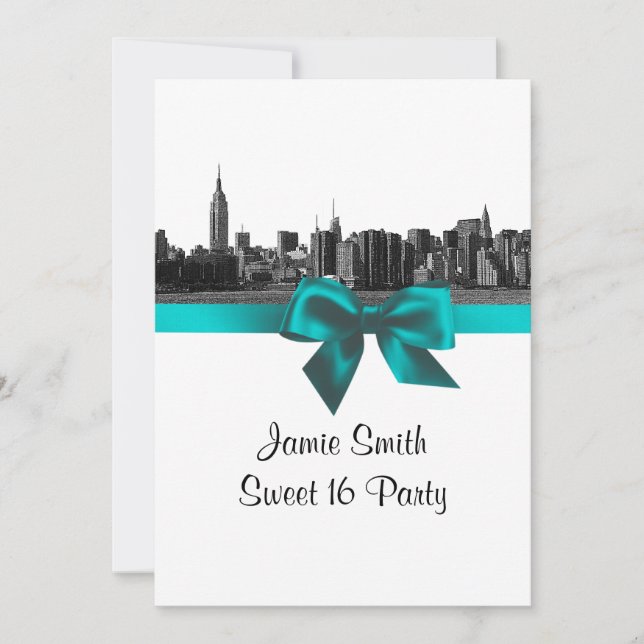 Invitation NYC large Skyline Etched BW Sweet sixteen Turquois (Devant)