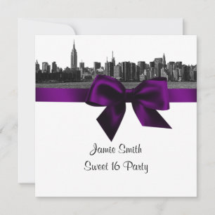 Invitation NYC large Skyline Etted BW Purple Sweet sixteen SQ