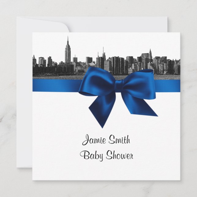 Invitation NYC large Skyline Etted BW Royal Bl Baby shower SQ (Devant)