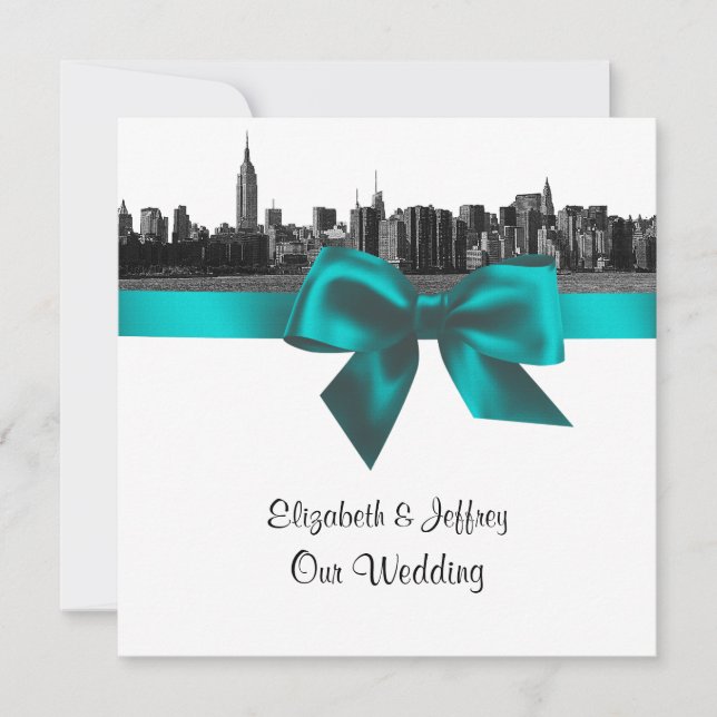 Invitation NYC large Skyline Etted BW Turquoise Mariage SQ (Devant)
