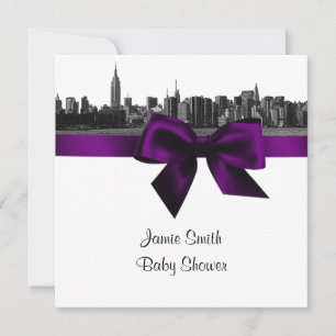 Invitation NYC large Skyline Etted BW violet Baby shower SQ