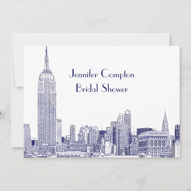 Invitation NYC Skyline 01 Etched Wht Fête des mariées Blue (Devant)