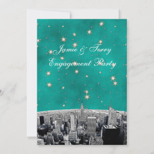 Invitation NYC Skyline 2 Turquoise Gold Star V Fiançailles