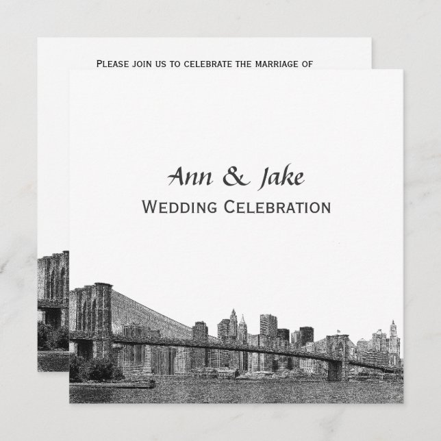 Invitation NYC Skyline Bklyn Bridge Etched #2SQ Mariage (Devant / Derrière)