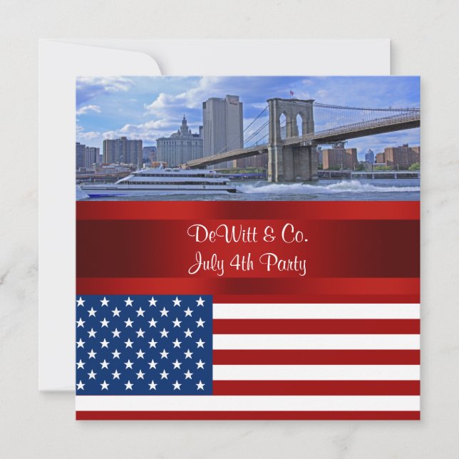 Invitation NYC Skyline Bklyn Bridge USA Drapeau rouge W Blue  (Devant)