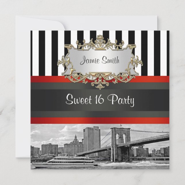 Invitation NYC Skyline Brooklyn Bridge Bateau 2 Sweet 16 Invi (Devant)