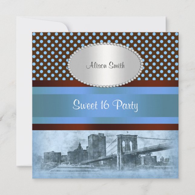 Invitation NYC Skyline Brooklyn Bridge Bateau 4 Sweet 16 (Devant)