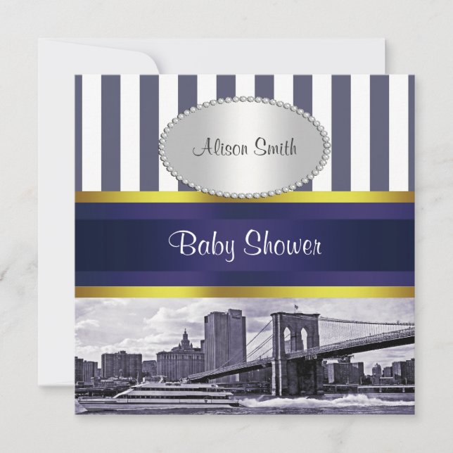 Invitation NYC Skyline Brooklyn Bridge Blue White Baby shower (Devant)