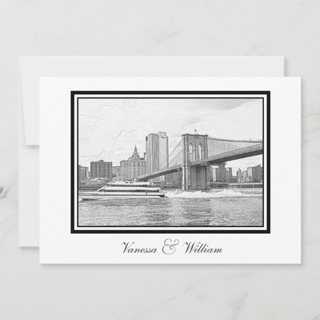 Invitation NYC Skyline Brooklyn Bridge Boat BW Etchd Mariage (Devant)