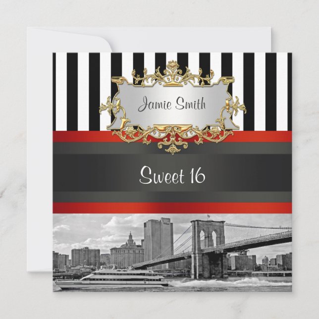 Invitation NYC Skyline Brooklyn Bridge, Boat Sweet 16 Invitat (Devant)