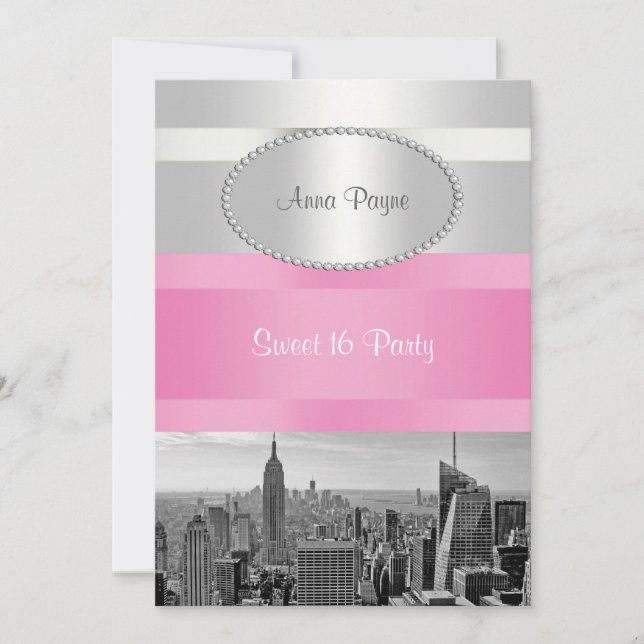 Invitation NYC Skyline BW 05 Blanc, Rose Sweet 16 Party (Devant)
