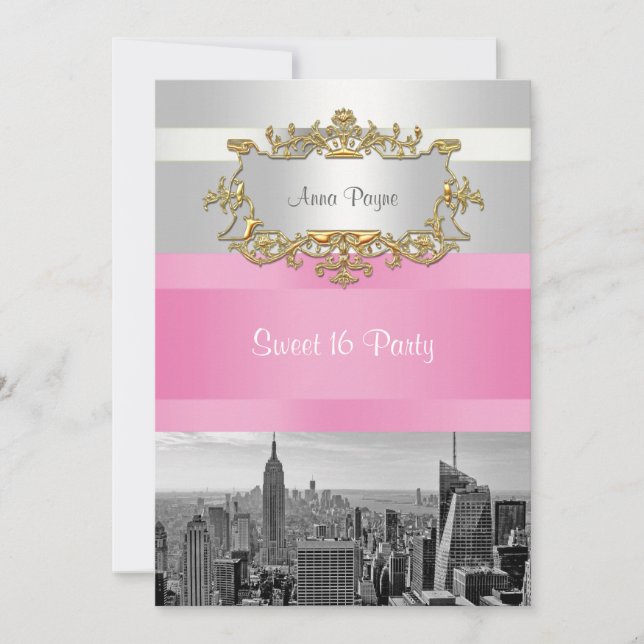 Invitation NYC Skyline BW 05 Blanc, Rose Sweet 16 Party (Devant)