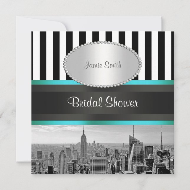 Invitation NYC Skyline BW Blk Wht Strp Fête des mariées P Tur (Devant)