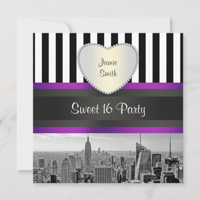 Invitation NYC Skyline BW Blk Wht Strp Purpl H Sweet 16 Party (Devant)