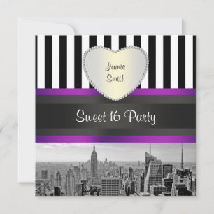 Invitation NYC Skyline BW Blk Wht Strp Purpl H Sweet 16 Party