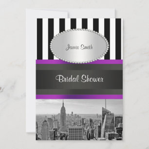 Invitation NYC Skyline BW Blk Wht Strp Purple P Fête des mari