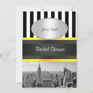 Invitation NYC Skyline BW Blk Wht Strp Yellow P Fête des mari