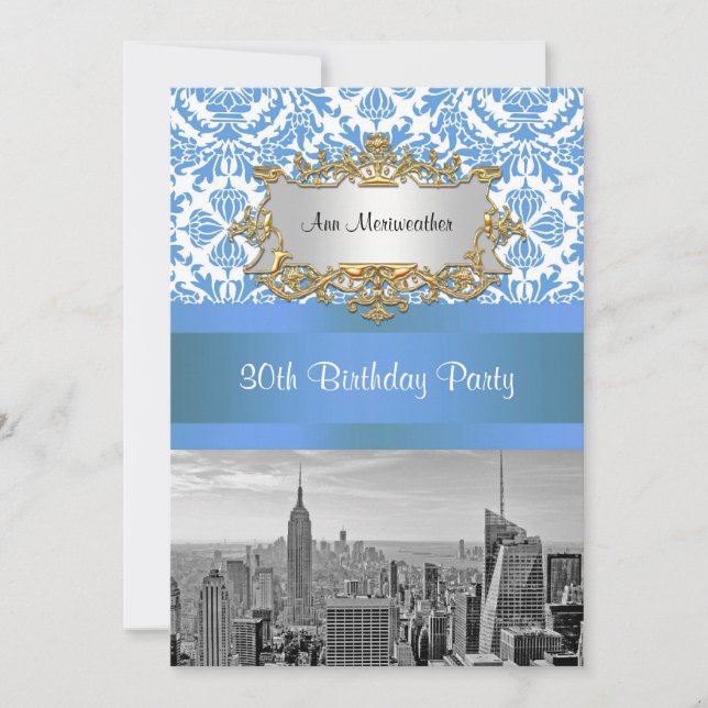 Invitation NYC Skyline BW D4 Damask Anniversaire Party V (Devant)