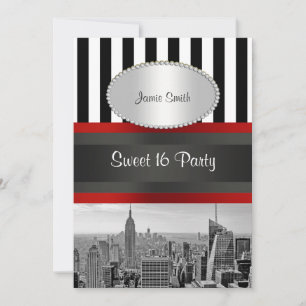 Invitation NYC Skyline BW Noir Blanc Rayure 2P Sweet 16