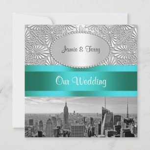 Invitation NYC Skyline BW Silver White Mariage damassé