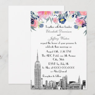 Invitation NYC Skyline ESB Etch bleu rose Mariage floral