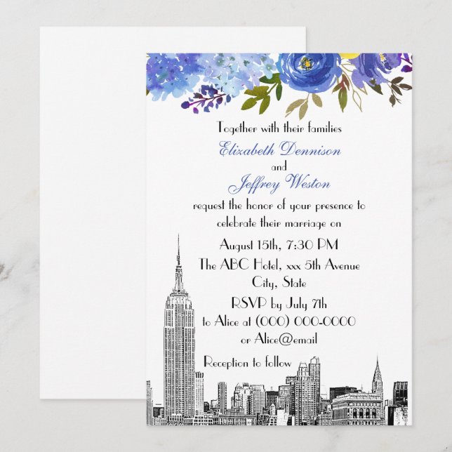 Invitation NYC Skyline ESB Etch Blue Yellow FlorMariage (Devant / Derrière)