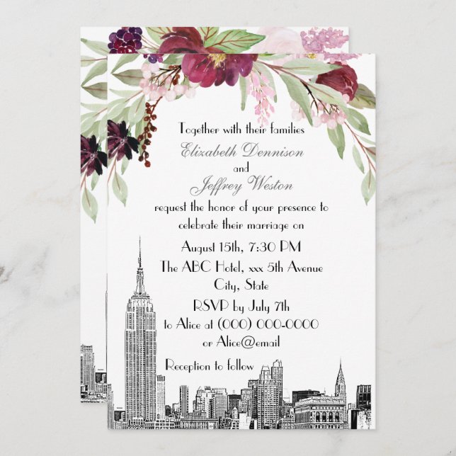 Invitation NYC Skyline ESB Etch Burgundy Rose FlorMariage (Devant / Derrière)