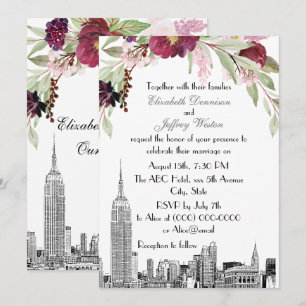 Invitation NYC Skyline ESB Etch Burgundy Rose FlorMariage