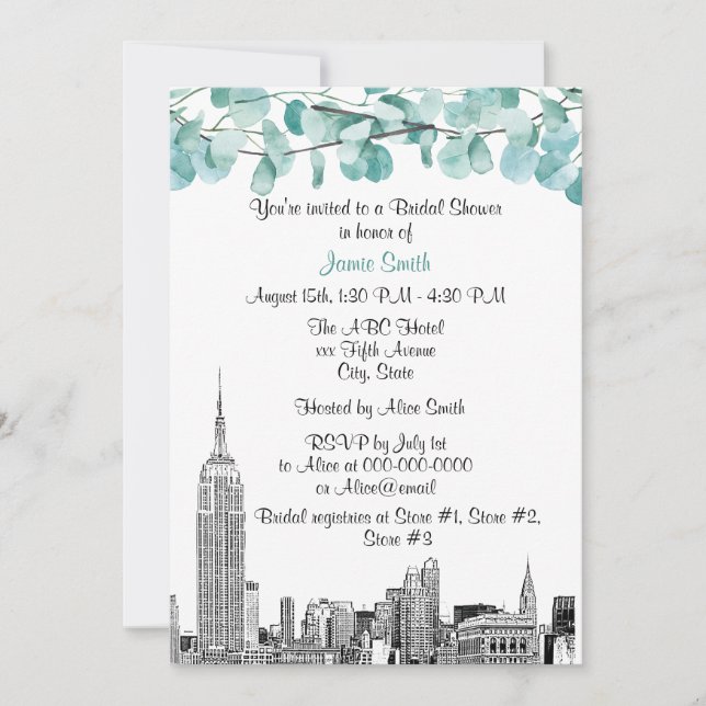 Invitation NYC Skyline ESB Etch Eucalyptus Fête des mariées (Devant)