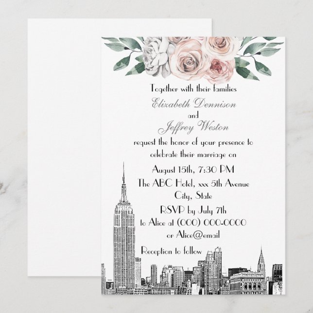 Invitation NYC Skyline ESB Etch Lt Rose Grey FlorMariage (Devant / Derrière)