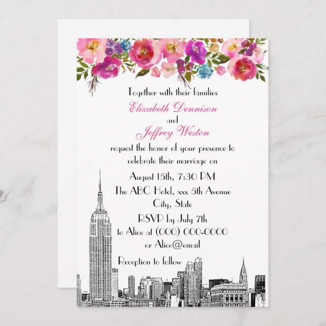 Invitation NYC Skyline ESB Etch Mariage floral rose printemps (Devant / Derrière)