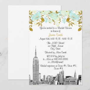 Invitation NYC Skyline ESB Etch Mint Gld Fête des mariées flo
