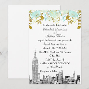 Invitation NYC Skyline ESB Etch Mint Gold Floral Mariage