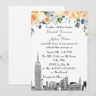 Invitation NYC Skyline ESB Etch Peach Blues Floral Mariage