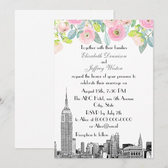 Invitation NYC Skyline ESB Etch rose Ranunculus Mariage (Devant / Derrière)