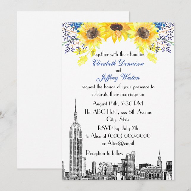 Invitation NYC Skyline ESB Etch Sunflower #2 Floral Mariage (Devant / Derrière)