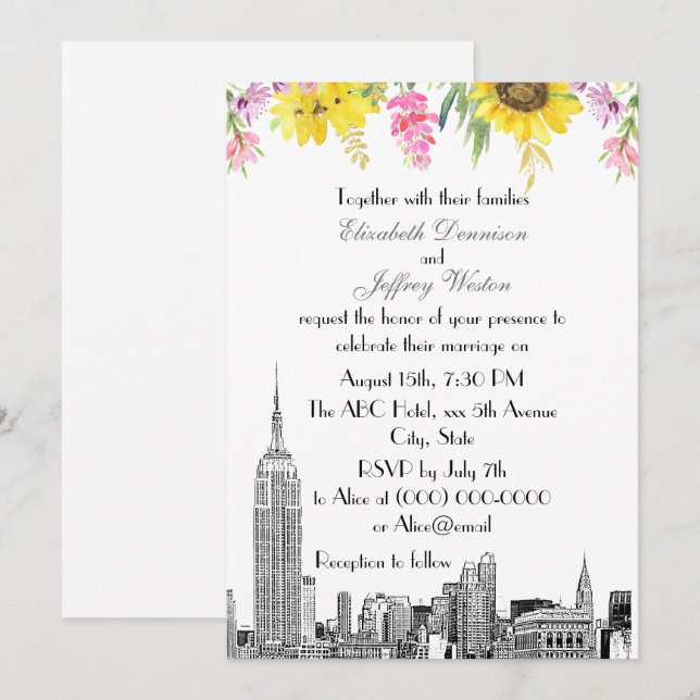 Invitation NYC Skyline ESB Etch Sunflower Rose Flower Mariage (Devant / Derrière)