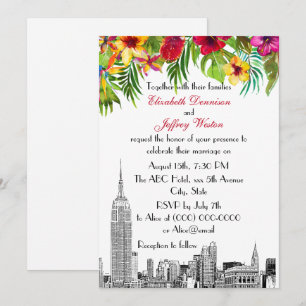 Invitation NYC Skyline ESB Etch Tropical Floral Mariage