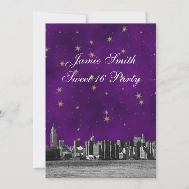 Invitation NYC Skyline Etched #3 Purple Gold Star Sweet 16 V (Devant)