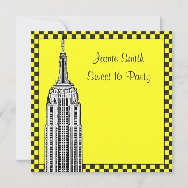 Invitation NYC Skyline Etched ESB À damiers Taxi 2 Sweet 16 (Devant)