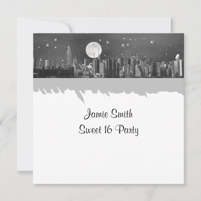 Invitation NYC Skyline Etched Look Moon Black 2 Sweet 16 SQ (Devant)