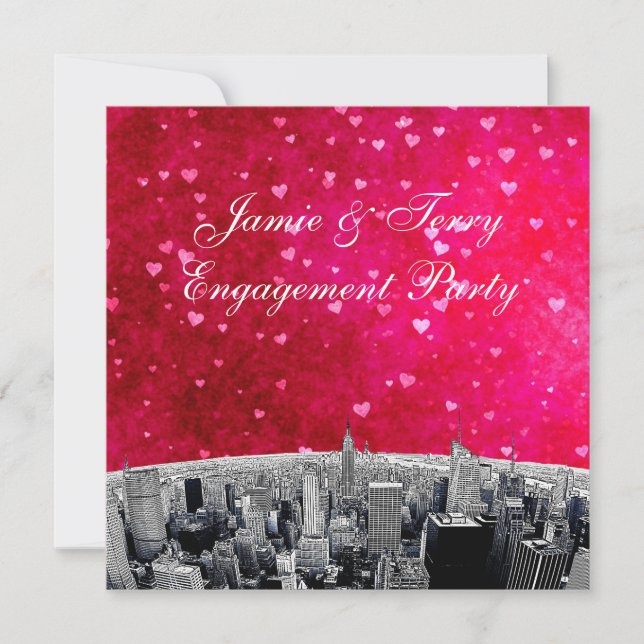 Invitation NYC Skyline no 2 rose Fiançailles de coeur rouge (Devant)