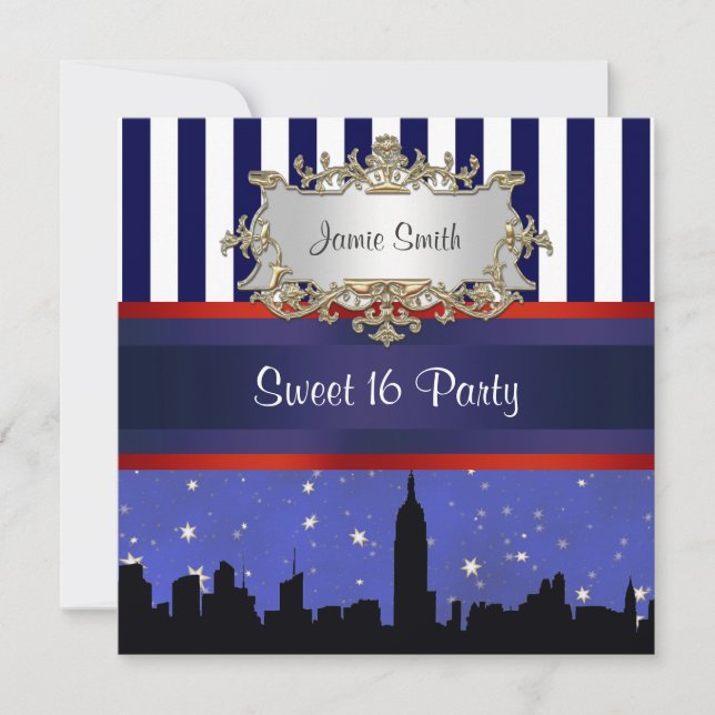 Invitation NYC Skyline Sil Blue Sky2 Blue Wht Stripe Sweet 16 (Devant)