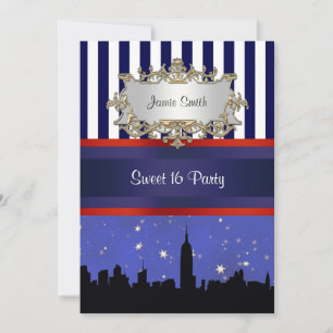Invitation NYC Skyline Sil Blue Sky2 Blue Wht Strp Sweet 16 V