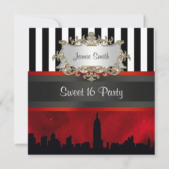 Invitation NYC Skyline Sil Red Sky Blk Wht Stripe Sweet 16 (Devant)