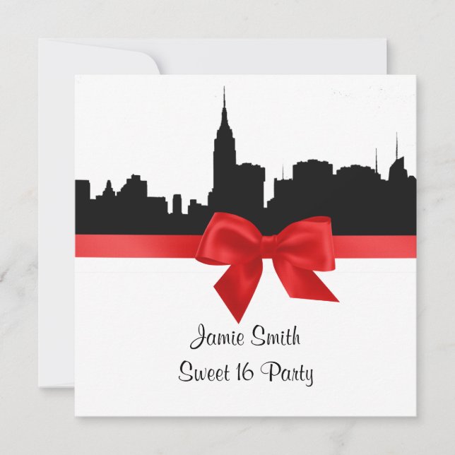 Invitation NYC Skyline Silhouette BW Red Sweet 16 SQ (Devant)