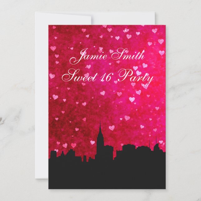 Invitation NYC Skyline Silhouette Hot Rose Red Hrt Sweet 16 V (Devant)