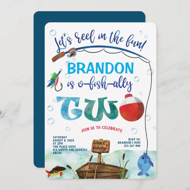 Invitation O-fish-Ally, Petit Pêcheur, Pêche 2e Birthda (Devant / Derrière)